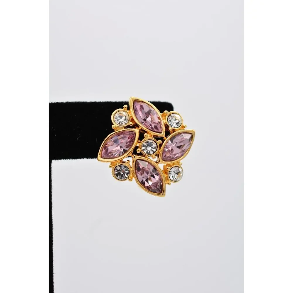 Monet Vintage Crystal Clip On Earrings Lavender Rhinestone Gold Signed 1980s 9E